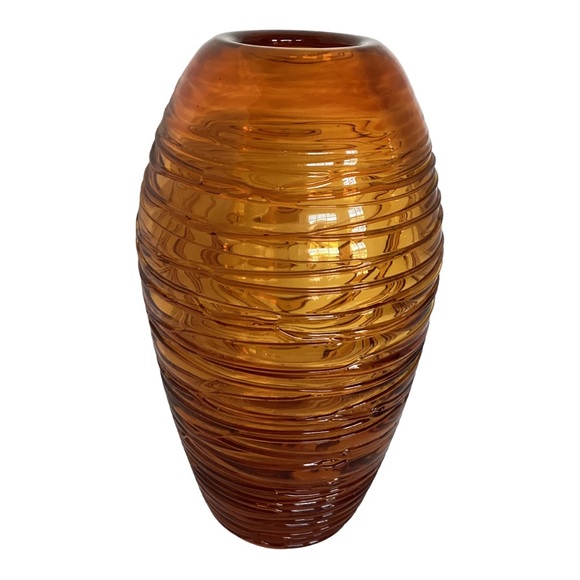 Eastern Hand Blown Beehive Vase Thick Amber Art Glass String Thread Overlay EUC - Picture 10 of 16